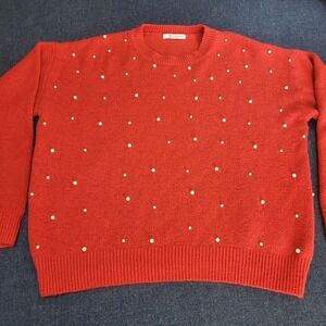 Cupshe Womens Red Pearl Embellished Knit Pullover Sweater Size Large Crewneck